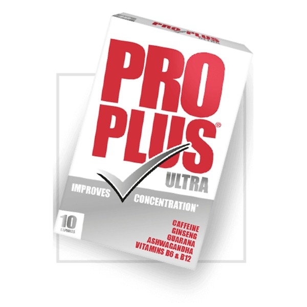 Image of Pro Plus Ultra Capsules, 10 Capsules pack. The packaging is sleek with a bold design, featuring the Pro Plus Ultra logo prominently. The pack contains 10 capsules, formulated to provide an extra boost of energy and enhanced focus, ideal for combating tiredness and maintaining alertness