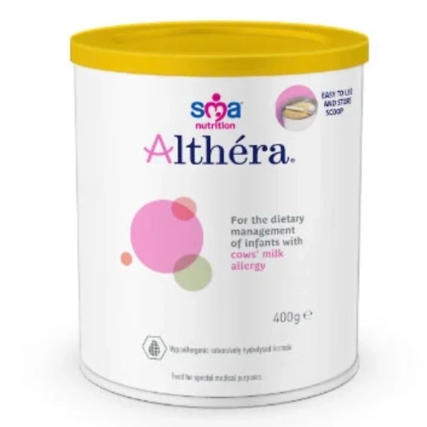 Image of SMA Althera Infant Milk, 400g tin. This hypoallergenic formula is specially designed for infants with cow's milk protein allergy, providing complete nutrition. The tin features the SMA Althera branding and key product information, with a secure lid for freshness