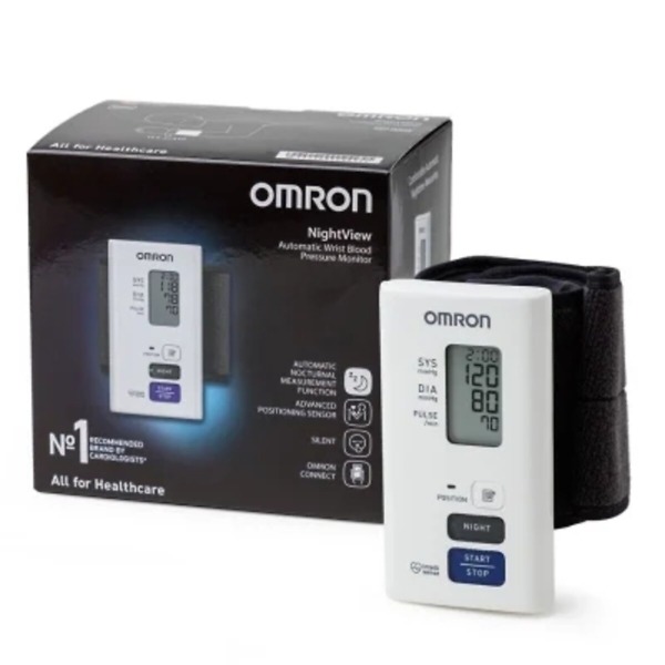 Omron Nightview Automatic Wrist BP Monitor - Compact, sleek design for easy blood pressure monitoring, featuring a digital display, wrist cuff, and automatic measurement for accurate readings day or night.