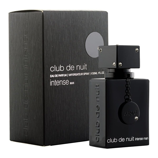 A 30ml bottle of ARMAF Club De Nuit Intense Man Eau De Parfum, featuring a sleek black square design with a metallic cap and crystal accents. The bottle reflects the bold, woody, and spicy fragrance, ideal for confident and sophisticated men.