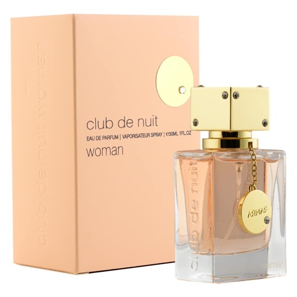 A 30ml bottle of ARMAF Club De Nuit Woman Eau De Parfum, featuring a luxurious and elegant design with a sleek black cap and gold accents. The bottle reflects the sophisticated and floral fragrance, perfect for modern, confident women.