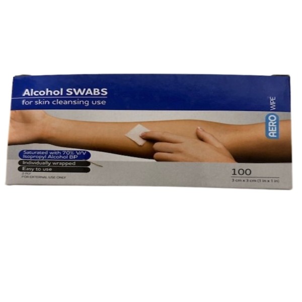 A box of 100 Aero Wipes Alcohol Swabs - Pre-Injection Swabs, designed for hygienic and sterile cleaning before injections. Each individually sealed swab contains isopropyl alcohol for effective skin disinfection.