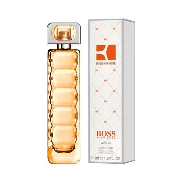 A 50ml bottle of BOSS Orange Woman Eau de Toilette Spray, featuring a sleek, modern design with a vibrant orange hue. The fragrance bottle embodies a fresh and energetic scent, perfect for confident and dynamic women.