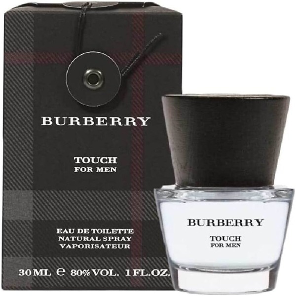 A 30ml bottle of BURBERRY Touch For Men Eau de Toilette, featuring a sleek cylindrical glass design with a wooden cap. The bottle reflects the fresh, woody, and spicy fragrance, perfect for modern and confident men.