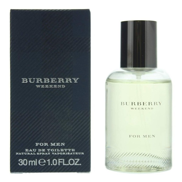 A 30ml bottle of BURBERRY Weekend For Men Eau de Toilette Spray, featuring a sleek cylindrical glass design with a silver cap. The bottle reflects the fresh, citrusy, and woody fragrance, perfect for casual and relaxed occasions.