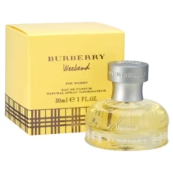 A 30ml bottle of Burberry Weekend for Women Eau de Parfum, featuring a sleek, minimalist design with the iconic Burberry branding. The bottle reflects the soft, floral, and citrusy fragrance, perfect for casual and refreshing wear.