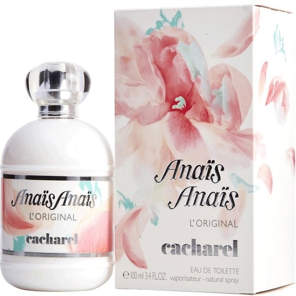 A 100ml bottle of Cacharel Anaïs Anaïs Eau de Toilette Spray, featuring a sleek, feminine design with a floral motif and soft pastel accents. The fragrance bottle sits elegantly, reflecting its fresh and delicate floral scent.