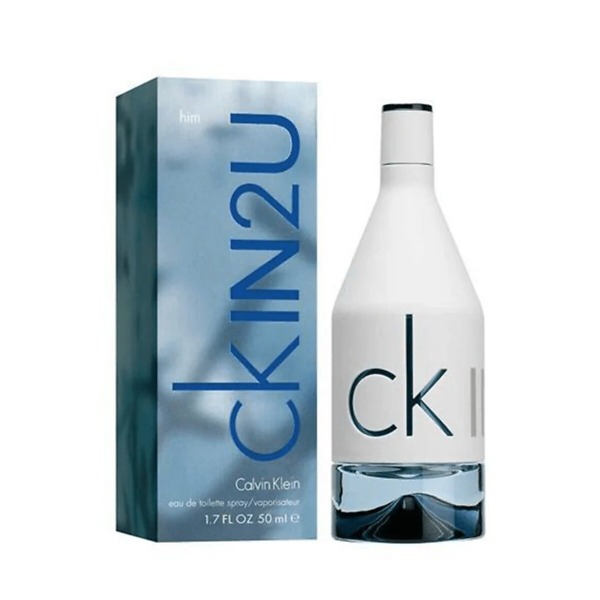 A 50ml bottle of Calvin Klein CK IN2U Him Eau De Toilette, featuring a sleek white and blue minimalist design. The bottle reflects the fresh, spicy, and woody fragrance, perfect for modern and adventurous men.