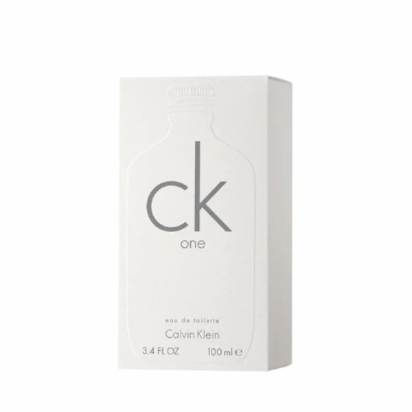 A 100ml bottle of Calvin Klein CK One Unisex Eau de Toilette Spray, featuring a minimalist design that embodies the fresh and contemporary fragrance suitable for all.