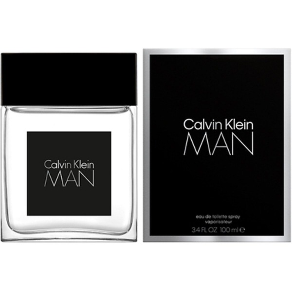 A 100ml bottle of Calvin Klein Man Eau de Toilette, featuring a sleek and minimalist black and silver rectangular design. The bottle represents the fresh, spicy, and woody fragrance, perfect for modern and confident men