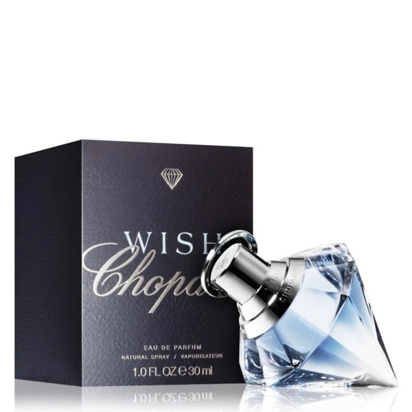 A 30ml bottle of Chopard Wish Eau de Parfum, featuring a luxurious diamond-shaped glass design with a silver cap. The bottle reflects the warm, sweet, and oriental fragrance, perfect for elegant and sophisticated women.