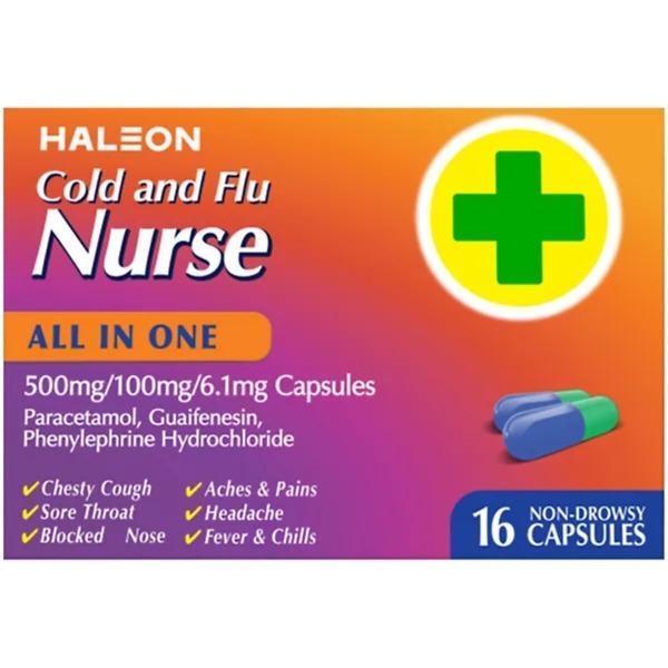 Cold and Flu Nurse All in One Capsules box, containing 16 capsules for comprehensive relief of cold and flu symptoms. The packaging features a bold design with blue and yellow colors, displaying the product name prominently. Key benefits listed include relief from headaches, sore throat, fever, and congestion. The box also includes dosage instructions and safety information.