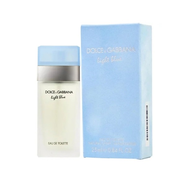 A 25ml bottle of Dolce & Gabbana Light Blue Eau De Toilette, featuring a sleek and minimalist design with a frosted glass bottle and light blue cap. The packaging reflects the fresh, citrusy, and vibrant fragrance, perfect for everyday wear.