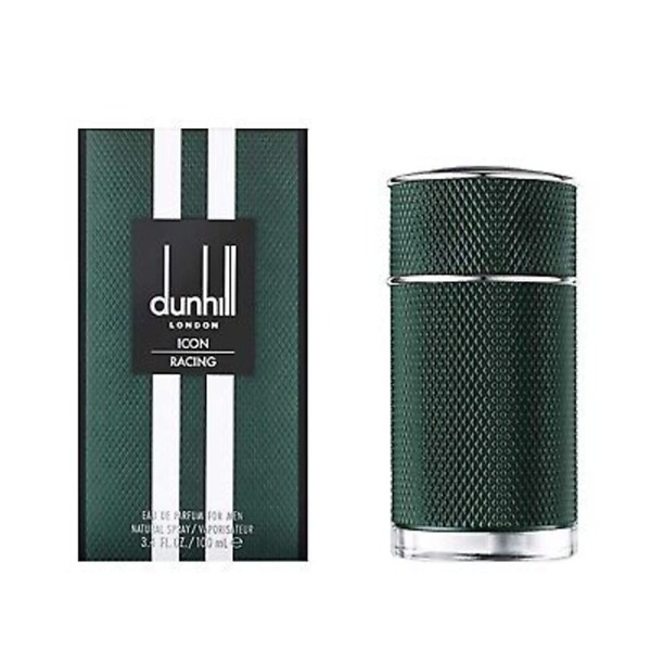 A 100ml bottle of Dunhill Icon Racing Green Eau de Parfum Spray, featuring a sleek green design with textured details, reflecting the fresh and woody fragrance ideal for confident men.