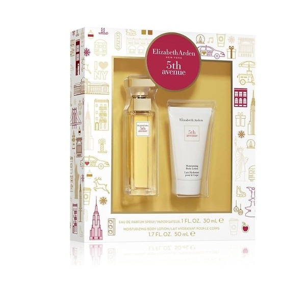 Elizabeth Arden Fifth Avenue Gift Set featuring a 30ml Eau de Parfum and 50ml Body Lotion, elegantly packaged for gifting.