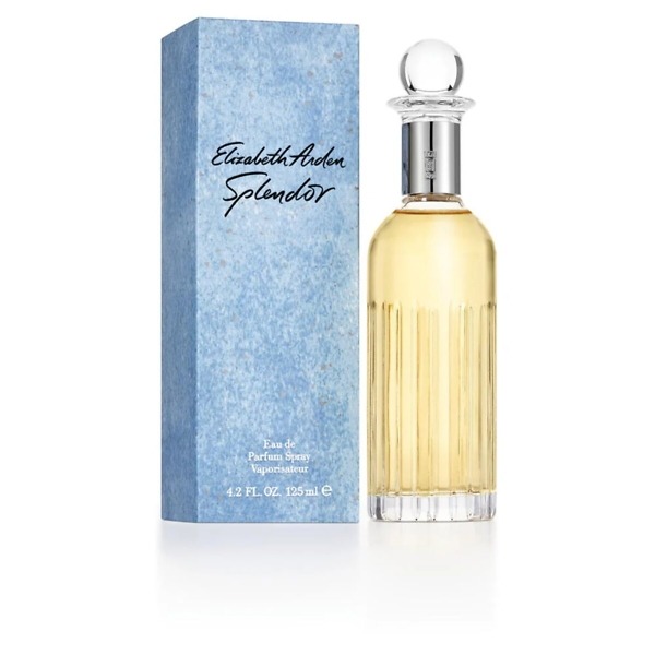 A 125ml bottle of Elizabeth Arden Splendor Eau De Parfum, featuring a tall, elegant transparent glass design with a sleek silver cap. The bottle reflects the sophisticated, floral, and fresh fragrance, perfect for confident and graceful women.