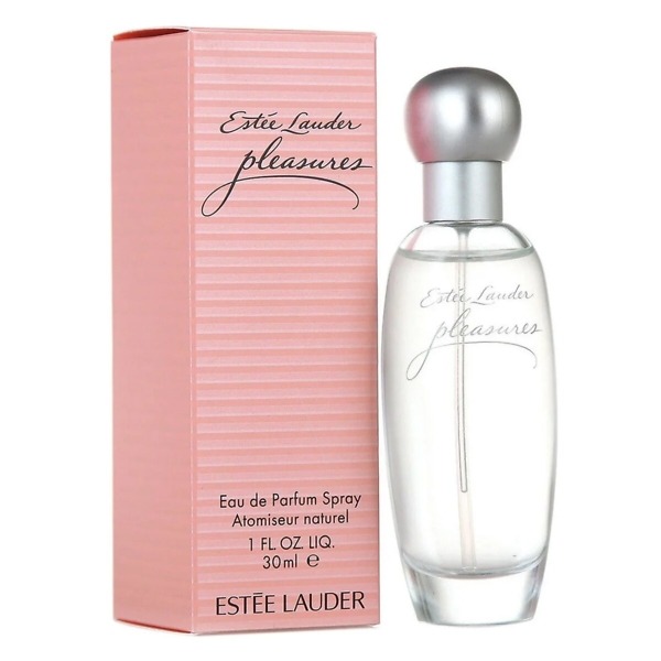 A 30ml bottle of Estee Lauder Pleasures Eau de Parfum, featuring a sleek and elegant transparent glass design with a silver cap. The bottle reflects the fresh, floral, and delicate fragrance, perfect for modern and sophisticated women