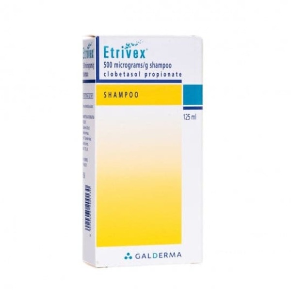 Image of Etrivex Shampoo - Clobetasol 500mcg Shampoo in a 125ml bottle. Packaging displays product name and strength, intended for the treatment of scalp psoriasis. Suitable for topical use with easy-to-use flip-top cap.