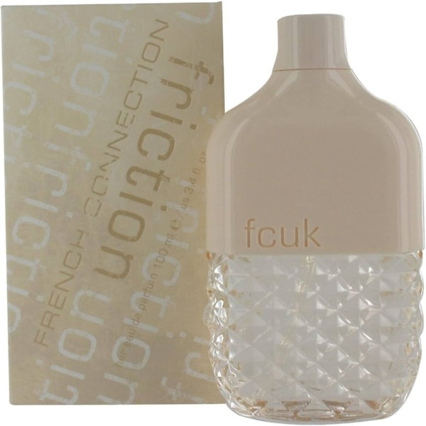 A 100ml bottle of Fcuk Friction Ladies Eau de Parfum Spray, featuring a sleek and modern design with a soft pink hue. The bottle reflects the bold, floral, and fruity fragrance, perfect for confident and stylish women.