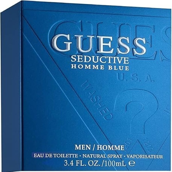 A 100ml bottle of GUESS Seductive Blue Men Eau de Toilette, featuring a sleek and modern design that embodies the fresh and aquatic fragrance for men.