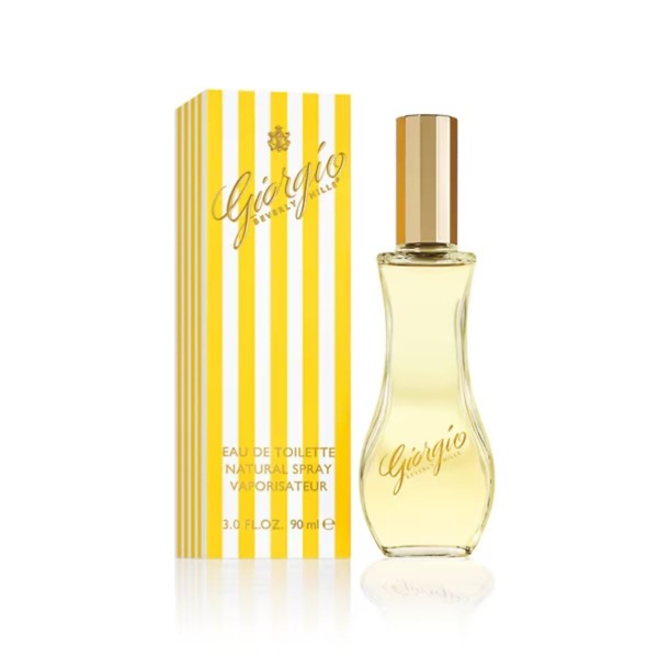 A 90ml bottle of Giorgio Beverly Hills Eau de Toilette Spray, featuring a sleek glass bottle with bold yellow and white striped packaging. The design reflects the vibrant and luxurious floral fragrance, perfect for confident and glamorous women.