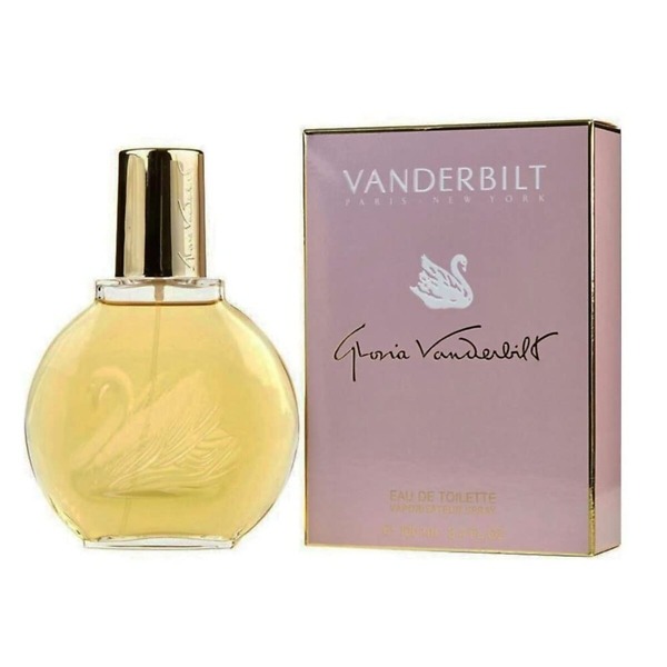 A 100ml bottle of Gloria Vanderbilt Vanderbilt Eau De Toilette Spray, featuring an elegant transparent glass design with a gold cap and a swan emblem. The bottle reflects the timeless and sophisticated floral fragrance, perfect for graceful and confident women.