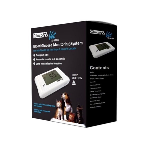 Image of GlucoRx Vet Meter, a blood glucose monitoring device specifically designed for pets. The compact, pet-friendly meter displays accurate readings, ideal for managing blood glucose levels in dogs and cats. Includes easy-to-read screen and simple controls