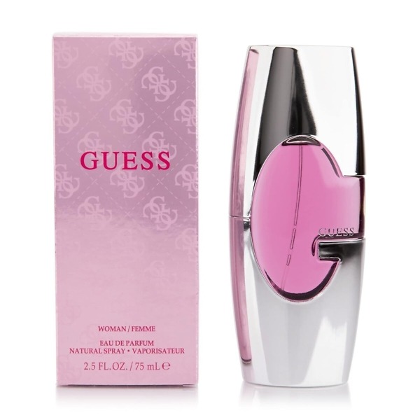 A 75ml bottle of Guess Women Eau de Parfum Spray, featuring a sleek and elegant pink-hued glass bottle with a modern silver cap. The design reflects the vibrant, floral, and fruity fragrance, perfect for confident and stylish women.