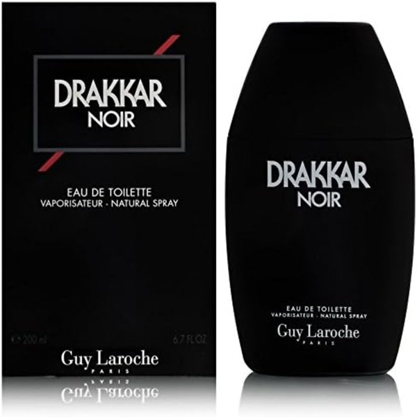 A 100ml bottle of Guy Laroche Drakkar Noir Eau de Toilette Spray, featuring a sleek black design that reflects the bold and aromatic fragrance perfect for men.