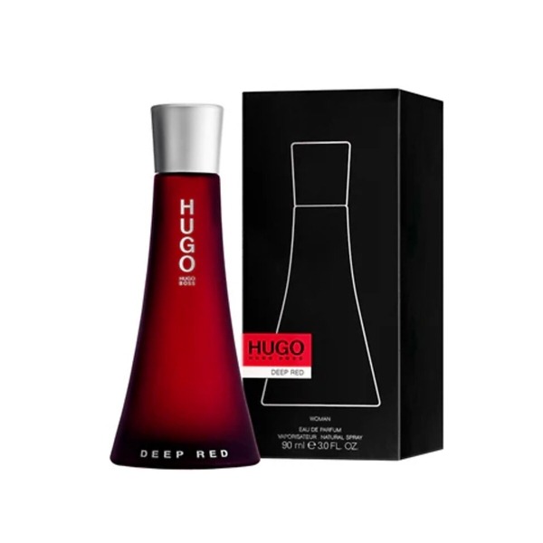 A 50ml bottle of Hugo Boss Deep Red Eau de Parfum Women's Perfume Spray, featuring a sleek, bold red bottle with a silver cap. The design reflects the fragrance's sensual and powerful notes, perfect for confident and dynamic women.