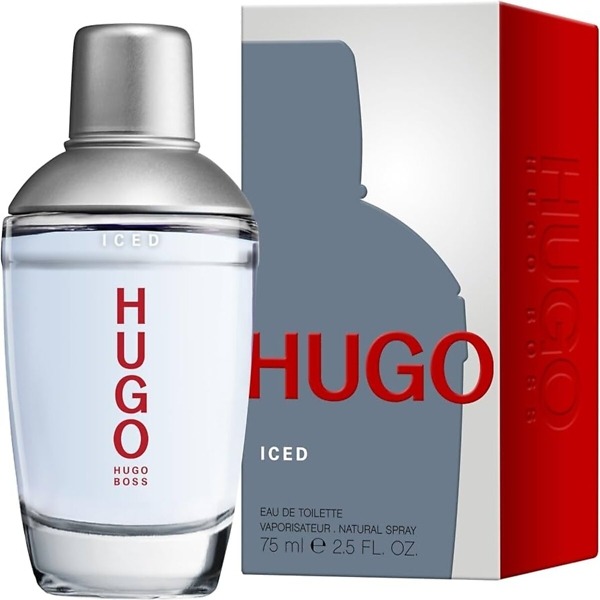 A 75 ml bottle of Hugo Boss Iced Eau de Toilette, featuring a sleek and modern design that embodies the fresh and invigorating fragrance for men.