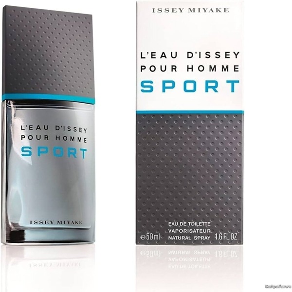 A 50ml bottle of Issey Miyake L'Eau D'Issey Pour Homme Sport Eau de Toilette Spray, featuring a sleek and modern design that embodies the fresh and energetic fragrance for active men.