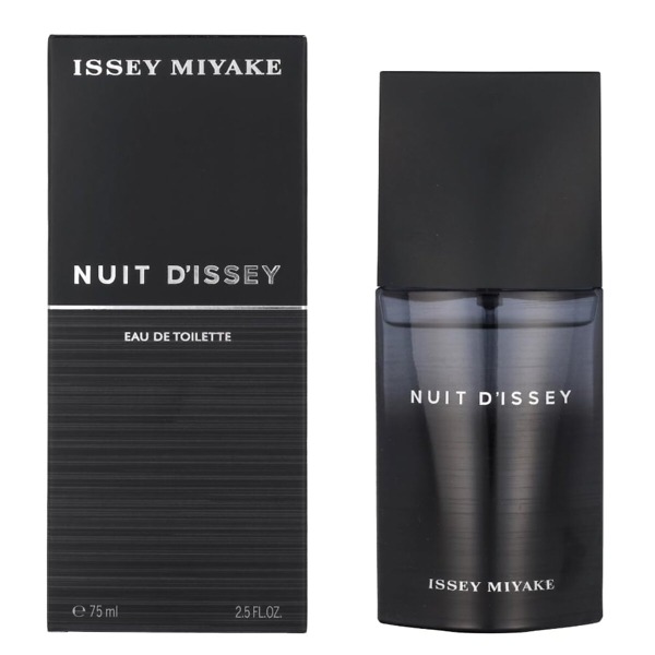 A 75ml bottle of Issey Miyake Nuit D'Issey Eau de Toilette Spray, featuring a sleek and modern design that embodies the woody and spicy fragrance for men.