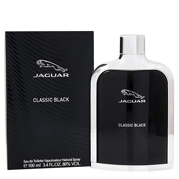 A 100 ml bottle of Jaguar Classic Black Eau De Toilette Spray For Him, featuring a sleek and modern design that embodies the seductive and charismatic fragrance for men.