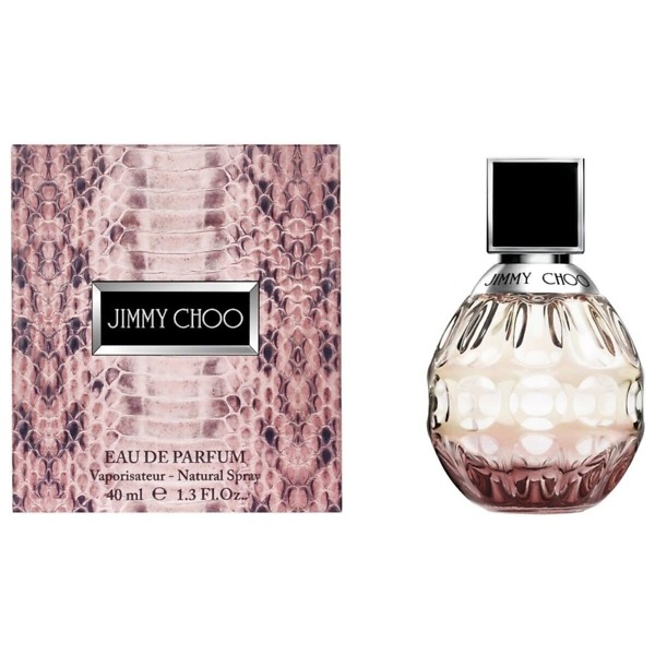 A 40ml bottle of Jimmy Choo Eau de Parfum, featuring a chic and modern faceted glass design with a light pink hue and an elegant silver cap. The bottle reflects the luxurious, sweet, and floral fragrance, perfect for confident and glamorous women.