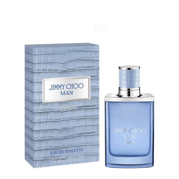 A 50ml bottle of Jimmy Choo Man Aqua Eau De Toilette, featuring a sleek and modern design that embodies the fresh and invigorating fragrance for men.