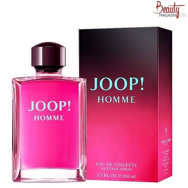 A 200ml bottle of Joop Homme Eau de Toilette Spray, featuring a sleek design and bold red hue, representing its rich and oriental fragrance for men