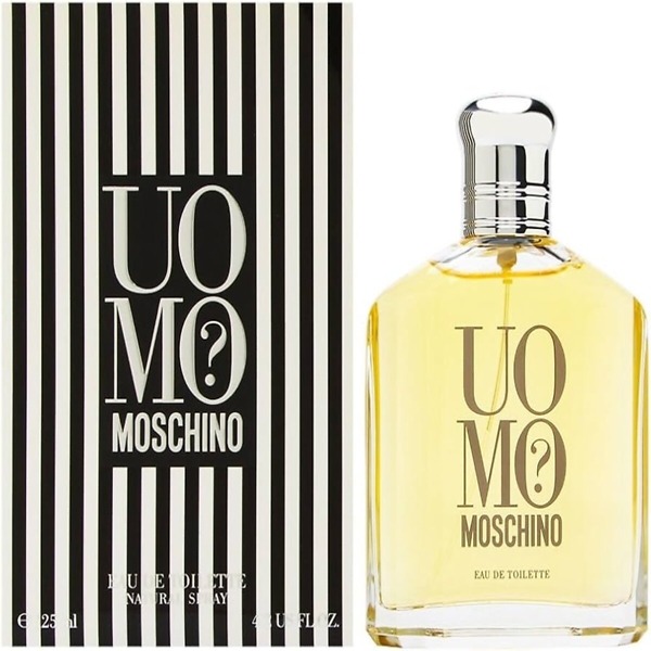 A 125ml bottle of Moschino Uomo Eau de Toilette Spray, featuring a sleek and classic design that embodies the timeless and sophisticated fragrance for men.