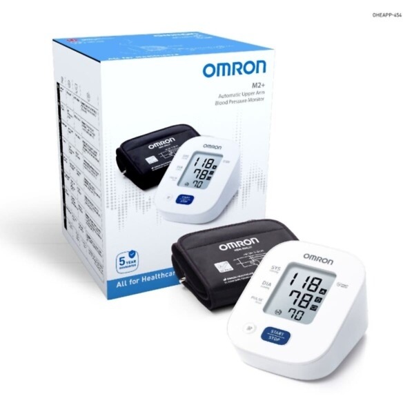 Omron M2+ Upper Arm Blood Pressure Monitor featuring a digital display, medium cuff, and IntelliSense technology for accurate and easy blood pressure monitoring at home