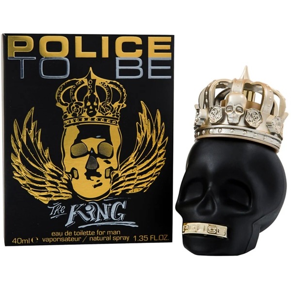 A 40ml bottle of Police To Be King Eau de Toilette Spray, featuring a black skull-shaped design adorned with a gold crown, embodying the bold and sophisticated fragrance for men.