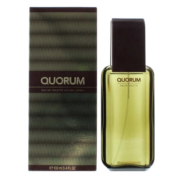 A 100ml bottle of Quorum Eau de Toilette Spray, featuring a sleek and classic design that embodies the timeless and sophisticated fragrance for men.