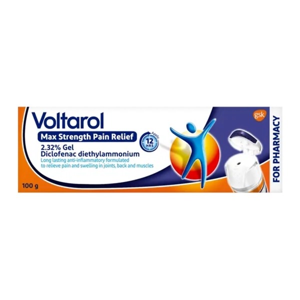 Voltarol Max Strength Pain Relief 12 Hour Gel, 100g tube, providing long-lasting relief from joint and muscle pain with an anti-inflammatory formula