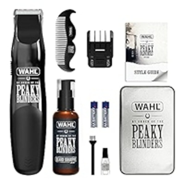 Wahl Peaky Blinders Beard Trimmer Gift Set featuring a sleek trimmer, grooming accessories, and Peaky Blinders branding, perfect for precision beard styling and maintenance.